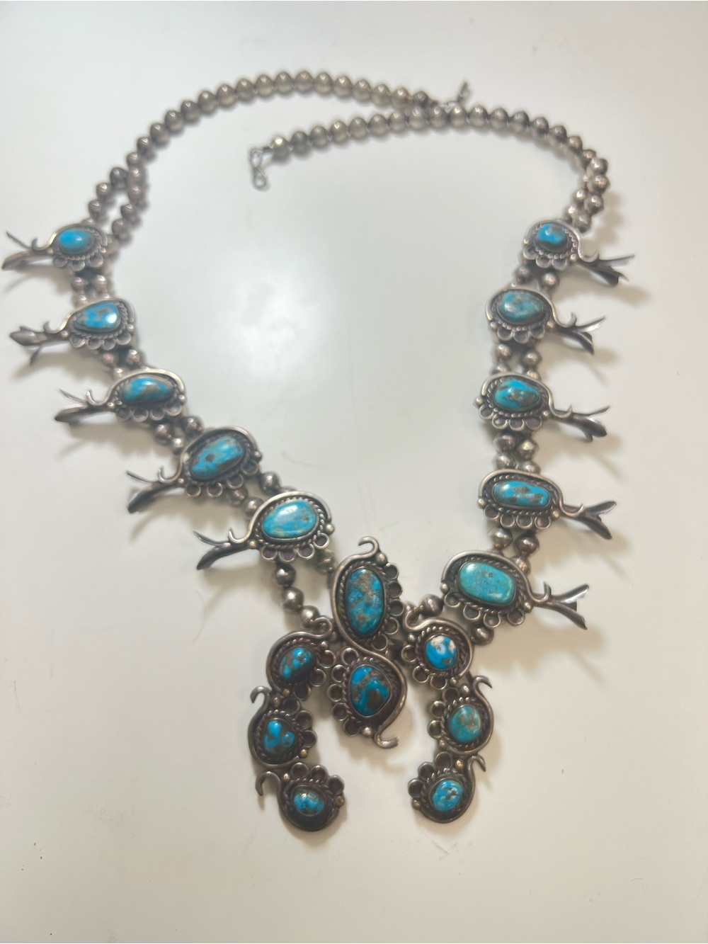 Sterling Silver Turquoise Squash Blossom Necklace - Picture 3 of 15